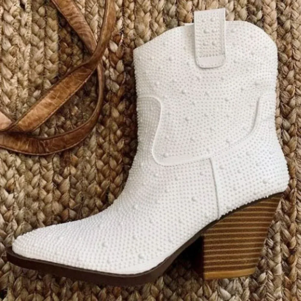 New Ivory Faux Pearl Cowboy Cowgirl Western Heel Ankle Boots Booties - Picture 4 of 7